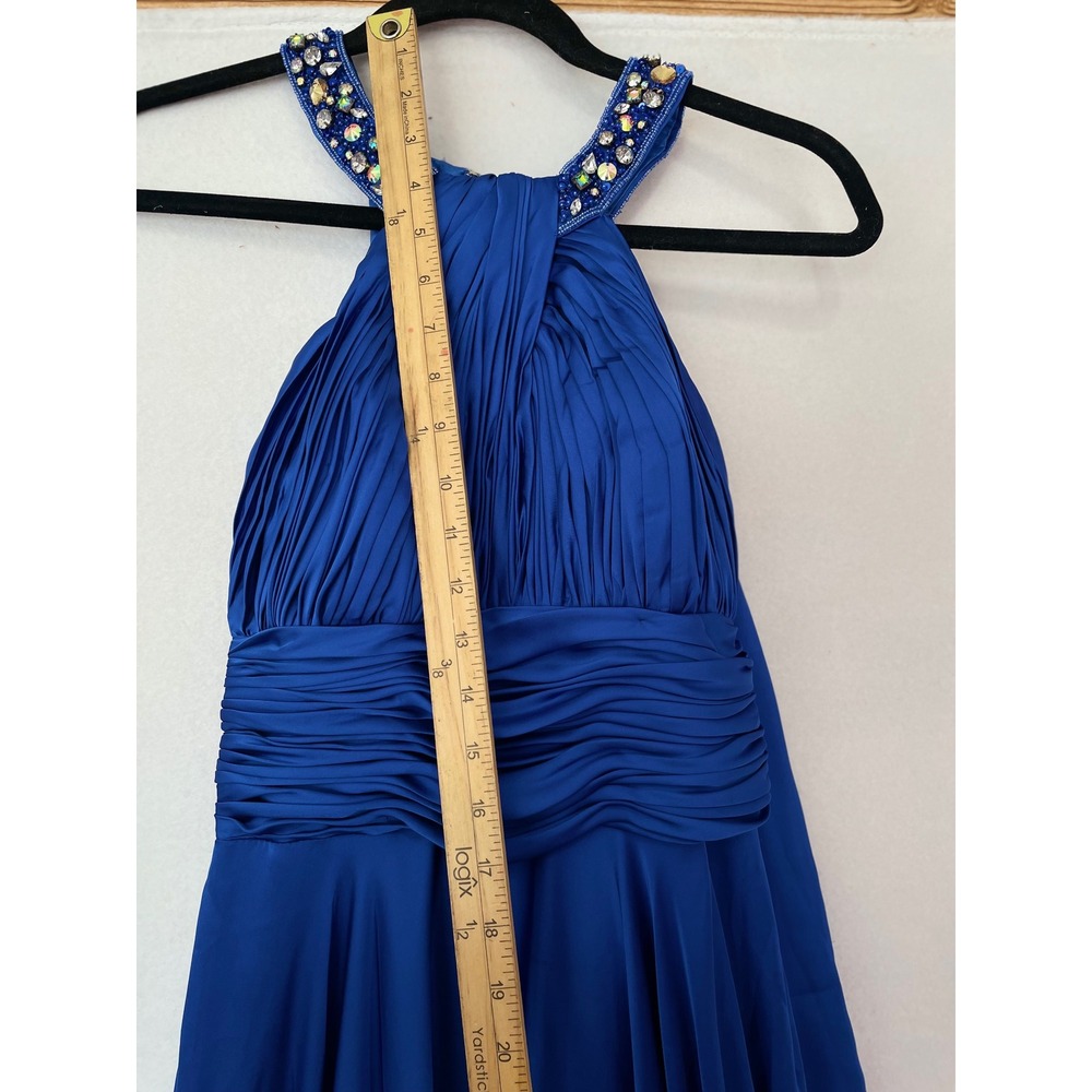 Dancing Queen Gown Womens S Blue Beaded Halter Ruched Maxi Ball Gown Dress - Picture 5 of 13
